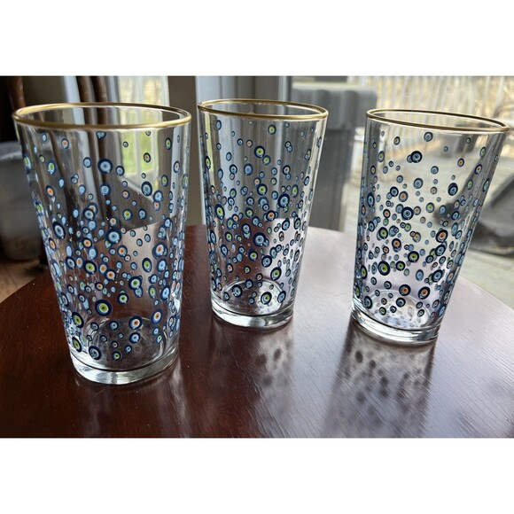 Rakle Evil Eye Drinking Glasses Set/3 Gold Rim Blue Green Orange Design - Picture 5 of 7